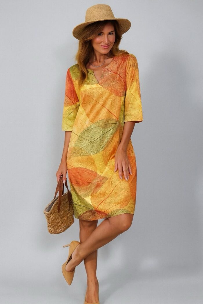 Vestido túnico con estampado de hoja de cuello notch Multicolor - Imagen 1