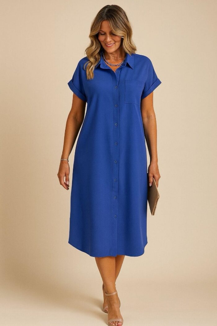 Vestido Camisero Botones - Estilo Manga Corta Favorecedor - Transpirable, Azul - Imagen 1
