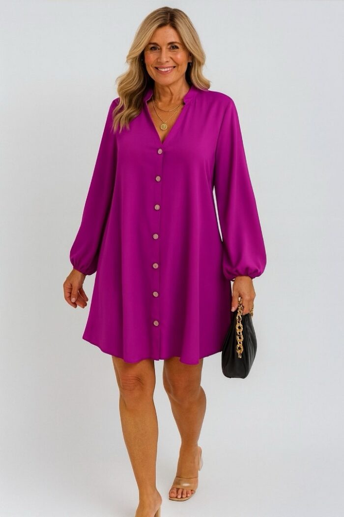 Vestido largo manga larga con cuello en V y botones Rosa roja - Imagen 1