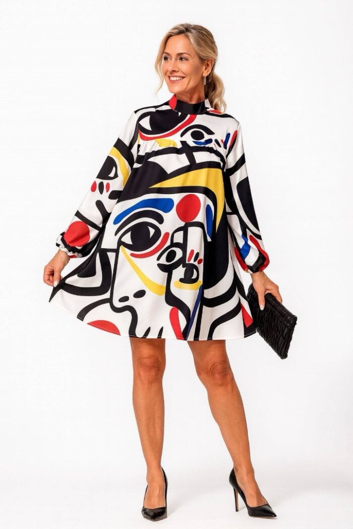 Vestido Estampado Abstracto Chic y Cuello Alto - Manga Larga, Cintura Holgada, Multicolor - Imagen 1