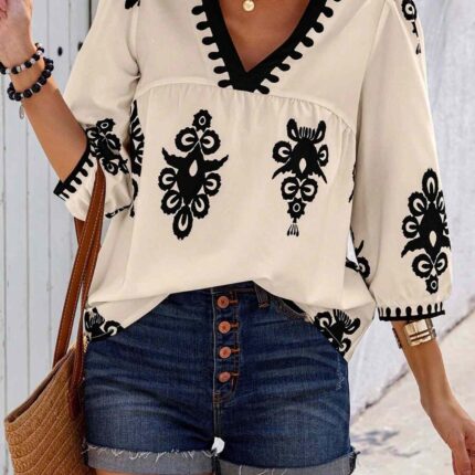 Camisa de manga abullonada con estampado floral aleatorio informal Albaricoque