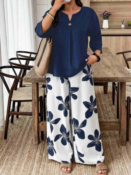 Conjunto 2 piezas top manga larga y pantalones largos Azul Marino