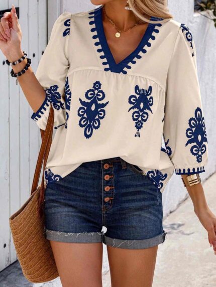 Camisa casual de cuello en V con estampado aleatorio para mujeres de vacaciones Albaricoque