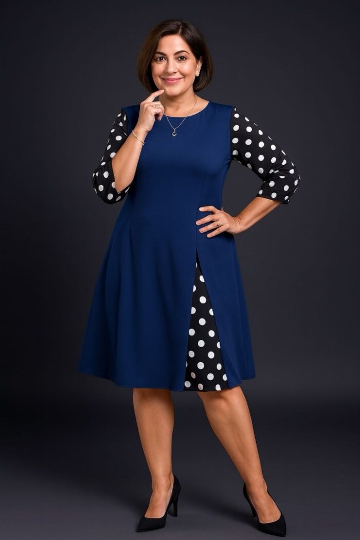 Vestido corto elegante  con estampado de lunares y parches Azul Marino - Imagen 1