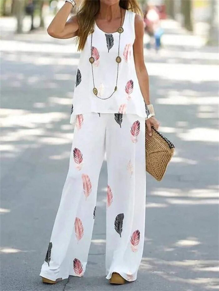 Conjunto sin mangas estampado plumas pantalón largo escote redondo ancho Multicolor - Imagen 1