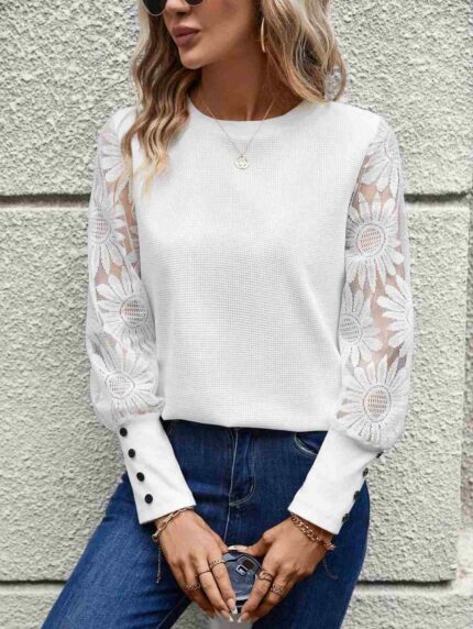 Top De Waffle Blanco De Mujer Con Mangas De Encaje Blanco