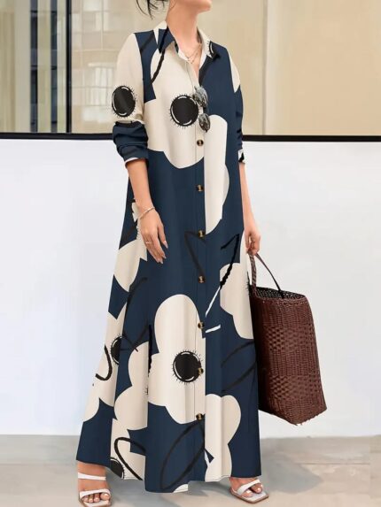 Vestido longitud media estampado, botones parte delantera, cuello, corte en A. Multicolor