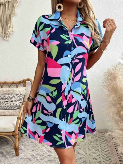 Vestido floral cuello con solapa y detalle de botones, Azul real