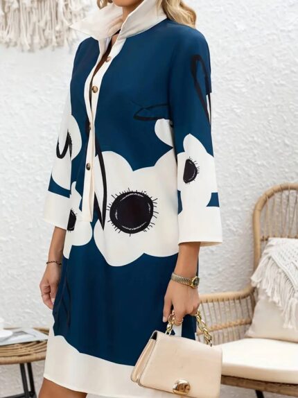 Vestido manga larga y cuello Melegante, estampado al azar Mezcla de color