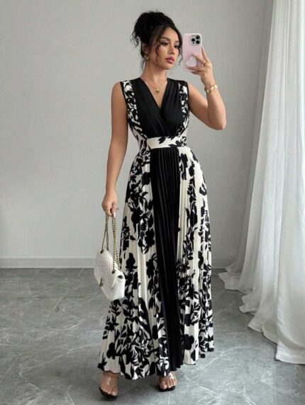 Vestido midi elegante de cuello en V sin mangas con bloqueo de color Multicolor