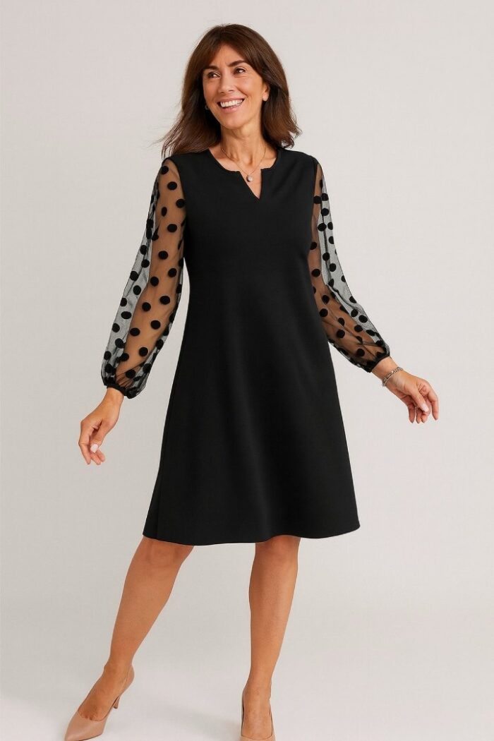 Vestido túnico en contraste de lunares de malla de manga obispo corte V Negro - Imagen 1