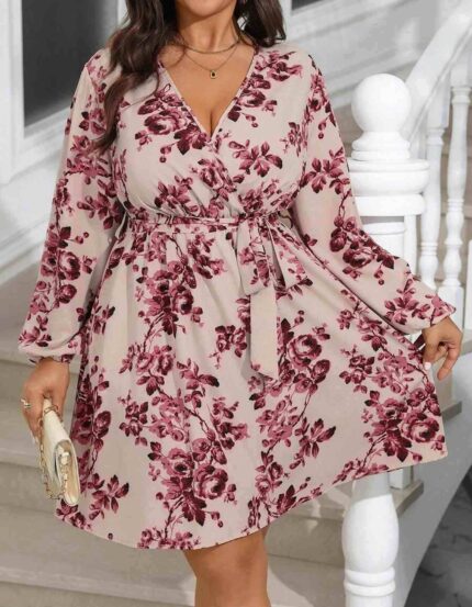 Vestido manga larga con cuello en V y cintura ceñida Multicolor