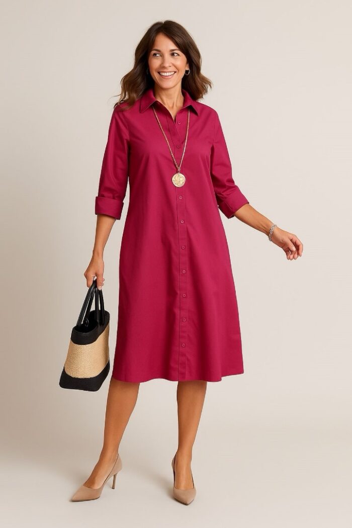 Vestido Suelto De Botones Delanteros Con Bolsillo De Color Sólido Rosa Fucsia - Imagen 1