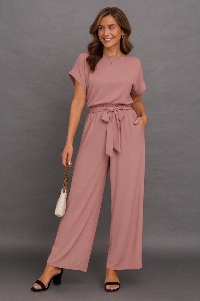 Mono elegante de mujer con cuello redondo, cinturón de cintura y pernera ancha Rosa - Imagen 1