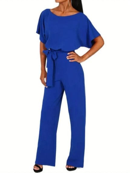 Mono manga corta cintura alta, con lazo, pantalón largo, con bolsillos. Azul real