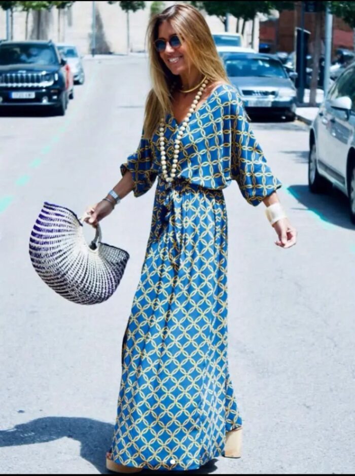 Vestido largo azul estampado con amarillo manga larga con cinta - Imagen 1