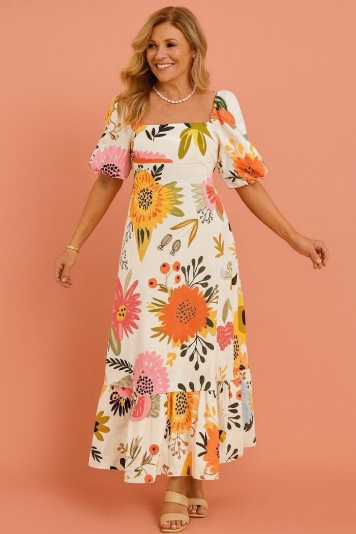 Vestido largo floral con mangas farol - Imagen 1