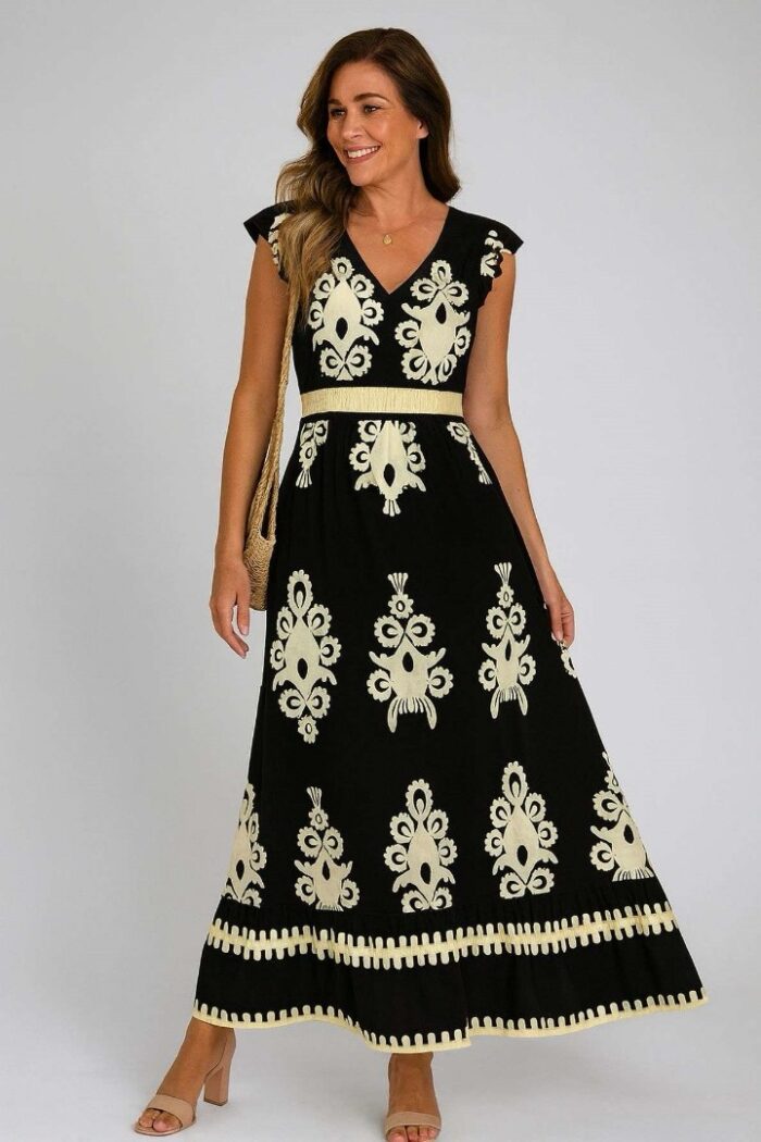 Vestido largo fondo negro y figuras beis cuello V - Imagen 1