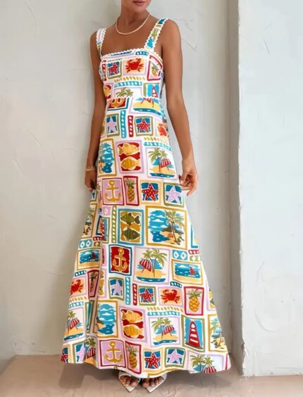 Vestido largo de tiras con estampado tropical
