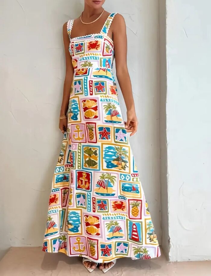 Vestido largo de tiras con estampado tropical - Imagen 1