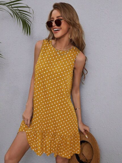 Vestido mostaza de lunares sin mangas