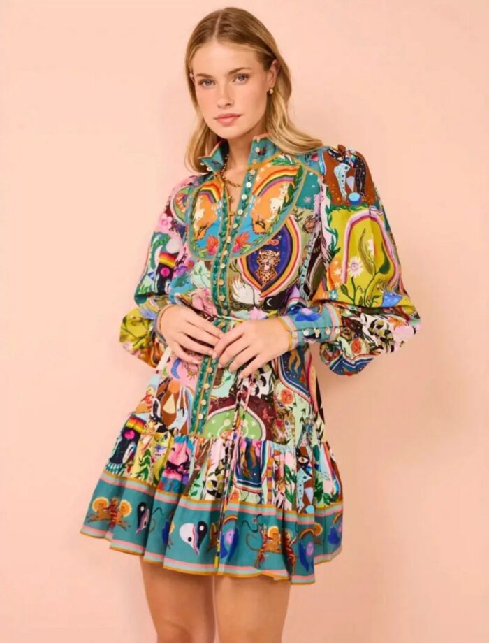 Vestido corto manga larga multicolor abotonado con cinta - Imagen 1