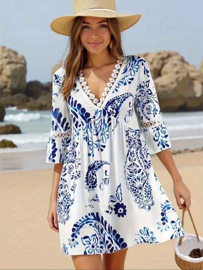 Vestido corto playero con estampado azul manga 3/4 - Imagen 1