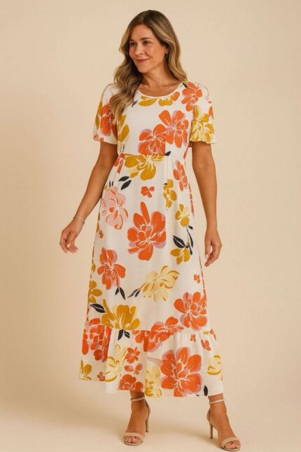 Vestido largo beis de flores con maga murcielago