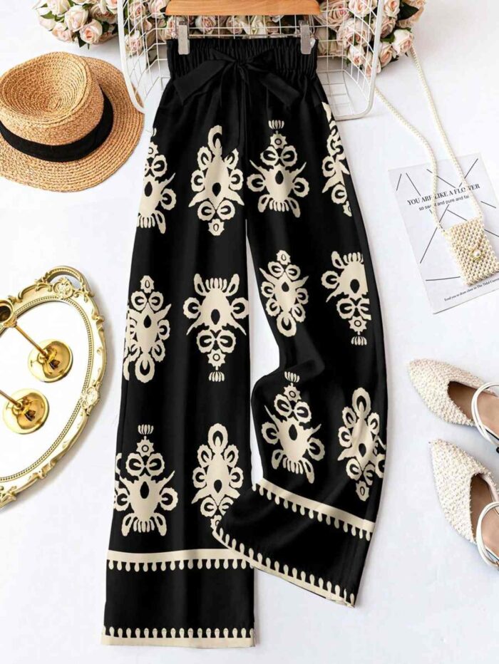 Pantalones con lazo a la cintura de patrón retro para mujer, adecuados para  Multicolor - Imagen 1
