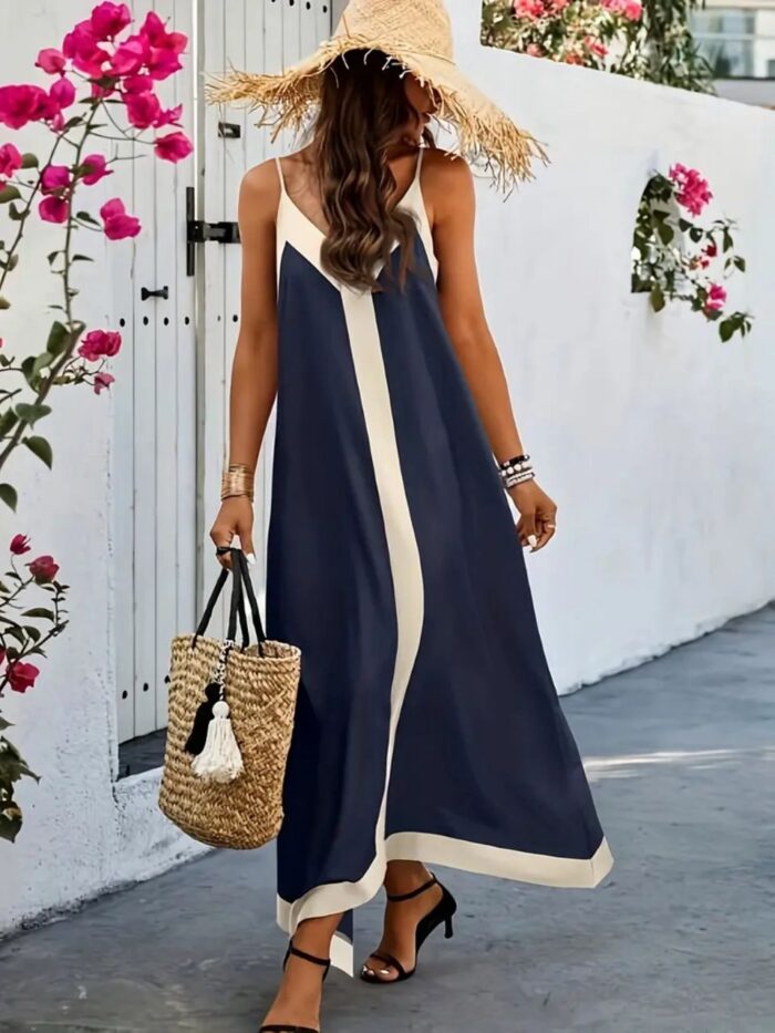 Vestido largo de tiras azul marino con lineas beis - Imagen 2