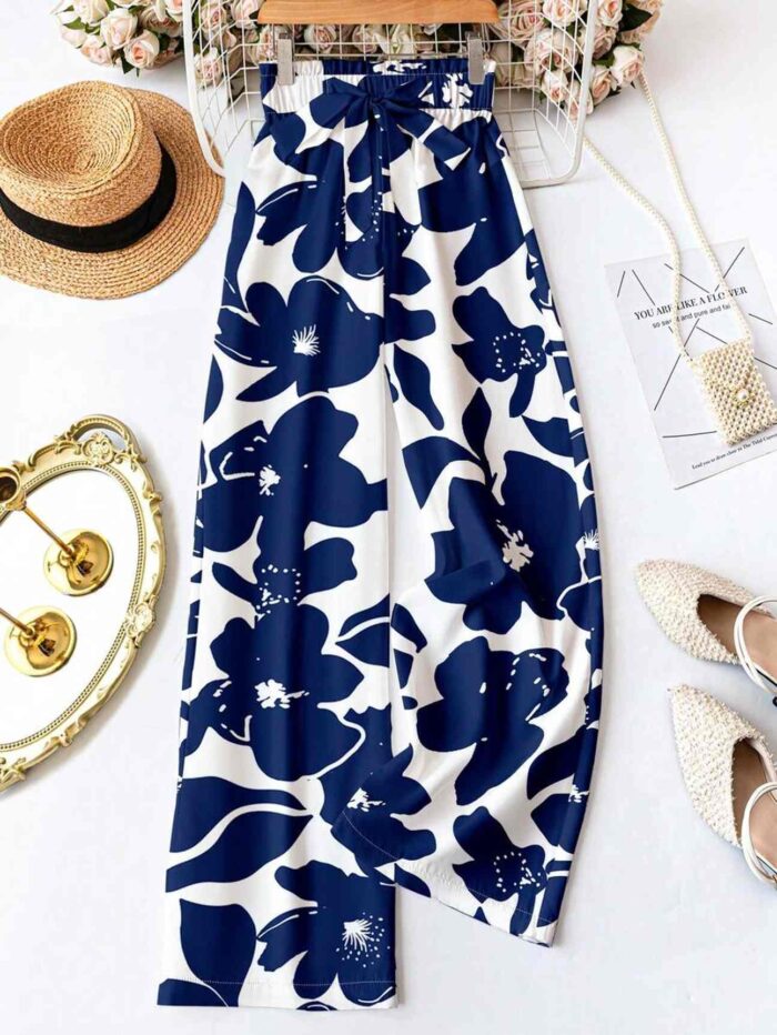 Pantalones lazo en la cintura estampado floral azul y blanco Multicolor - Imagen 1