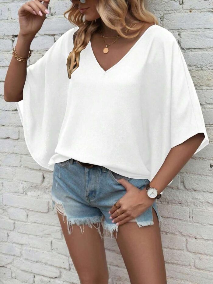Camisa casual unicolor mangas de murciélago y cuello en V, Top de manga tres cuartos Blanco - Imagen 1