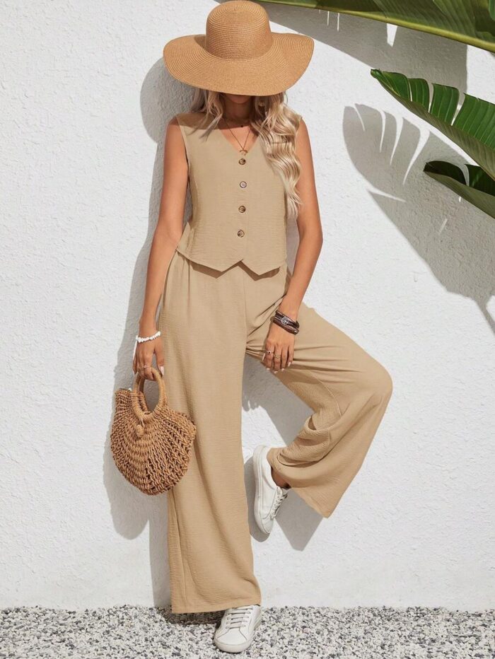 Conjunto 2 piezas blusa sin manga unicolor y pantalón largo Caqui - Imagen 1