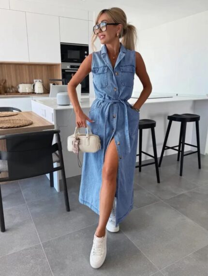Vestido largo mezclilla azul sin mangas y cinta
