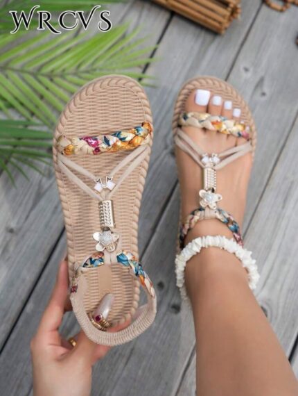 Sandalias tejidas en beige trenzado, antideslizantes Beis