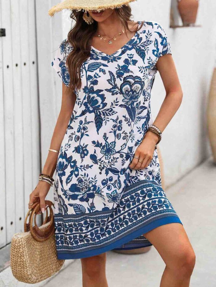 Vestido corto casual de mujer con cuello en V y estampado integral Multicolor - Imagen 1