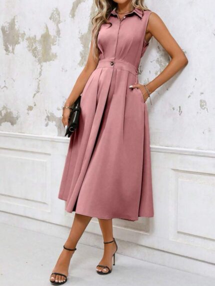 Vestido maxi sin mangas, con pliegues y bolsillos, Rosa