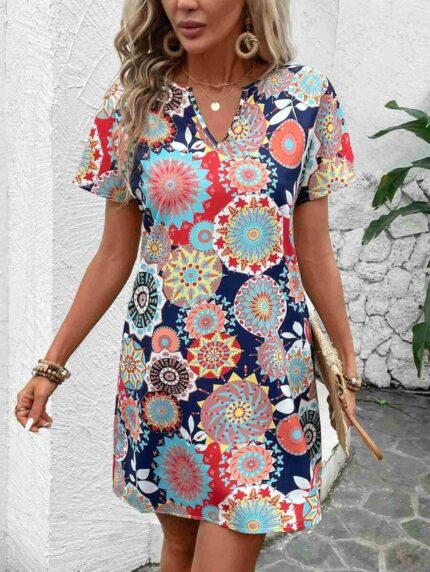 Vestido Impreso Casual De Estilo Vintage Escote Acanalado Multicolor