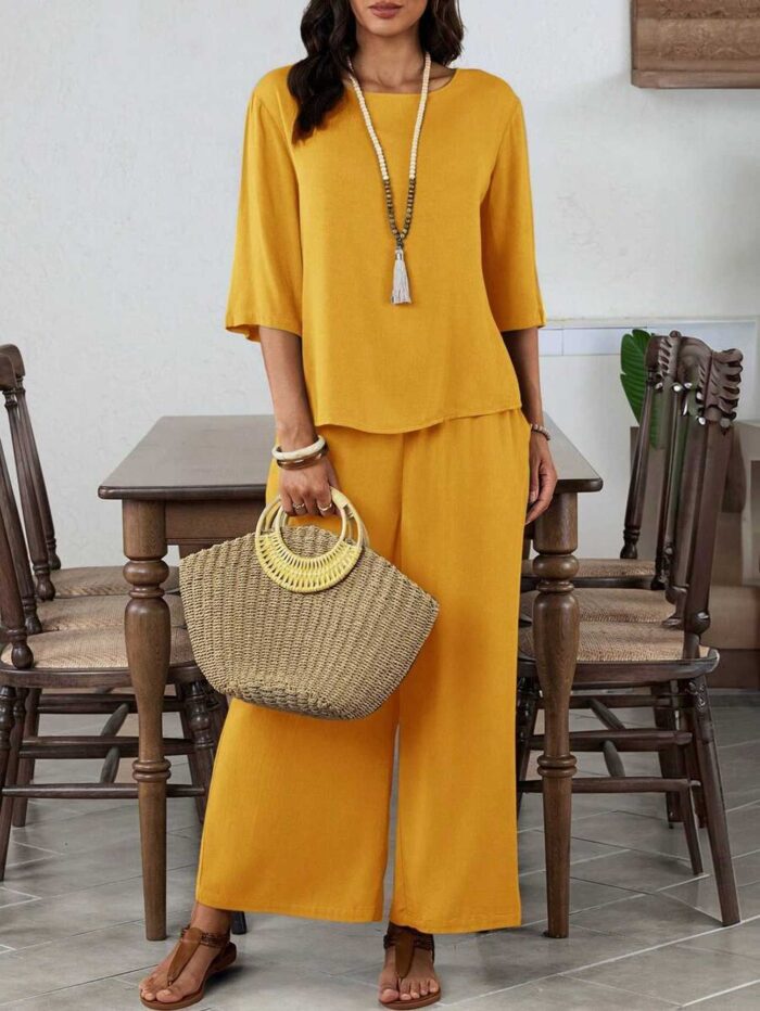 Conjunto manga corta cuello redondo y pantalones de pierna ancha Amarillo - Imagen 1
