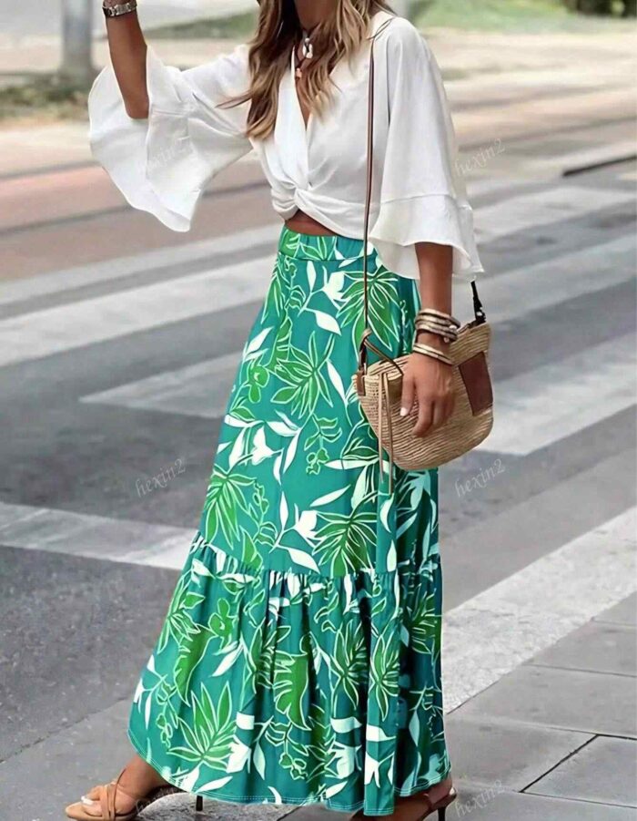 Falda con volantes y estampado tropical de plantas Azul y blanco - Imagen 1