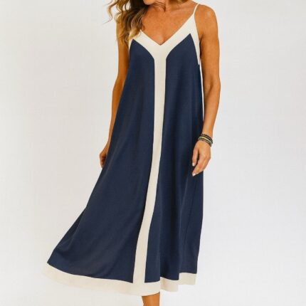 Vestido largo de tiras azul marino con lineas beis