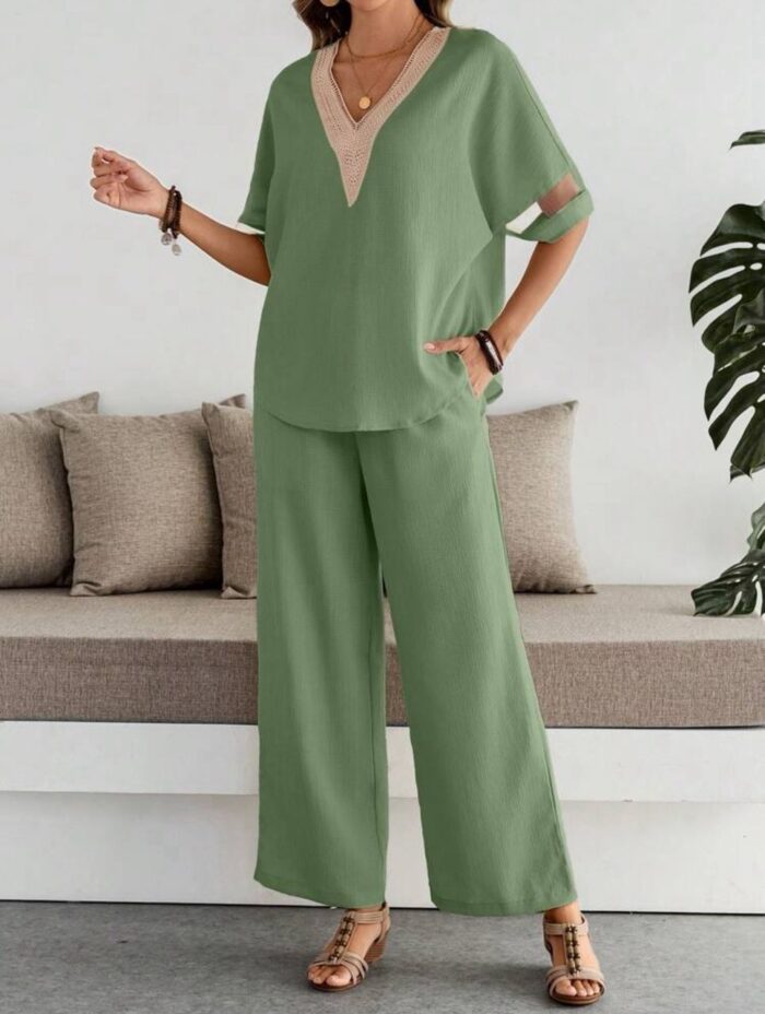 Conjunto manga murciélago malla y cuello de color block, y pantalones largos Verde - Imagen 1