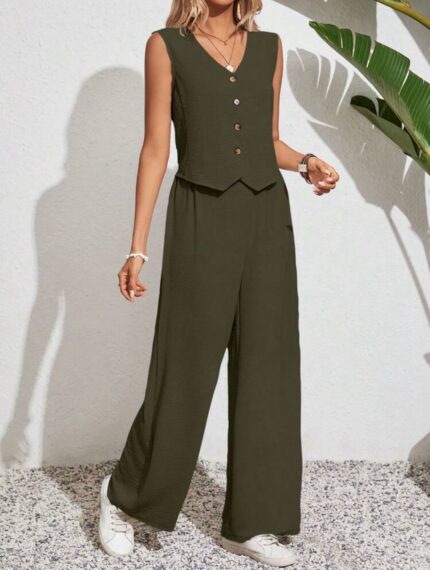 Conjunto compuesto de top sin mangas y pantalón largo Verde