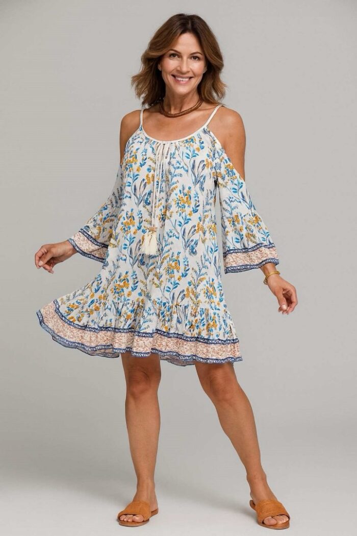 Vestido estampado floral, hombros descubiertos, flecos y volantes en el bajo Blanco - Imagen 1