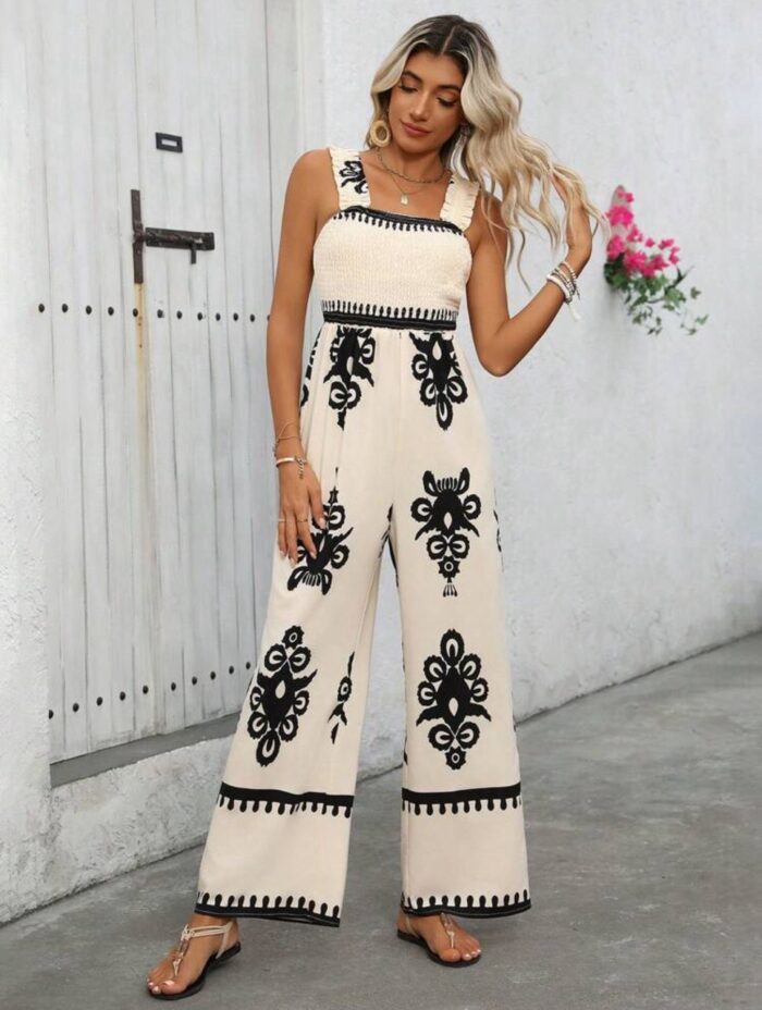Mono de pierna amplia y halter con estampado floral para vacaciones de verano de mujer Multicolor - Imagen 1