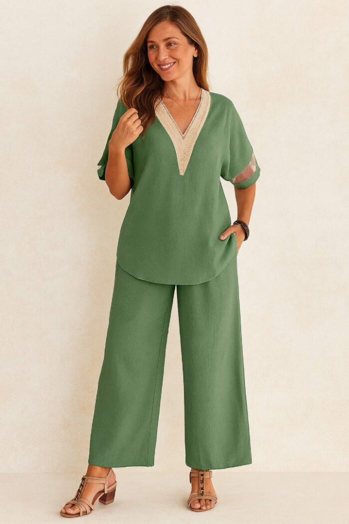 Conjunto manga murciélago malla y cuello de color block, y pantalones largos Verde - Imagen 1