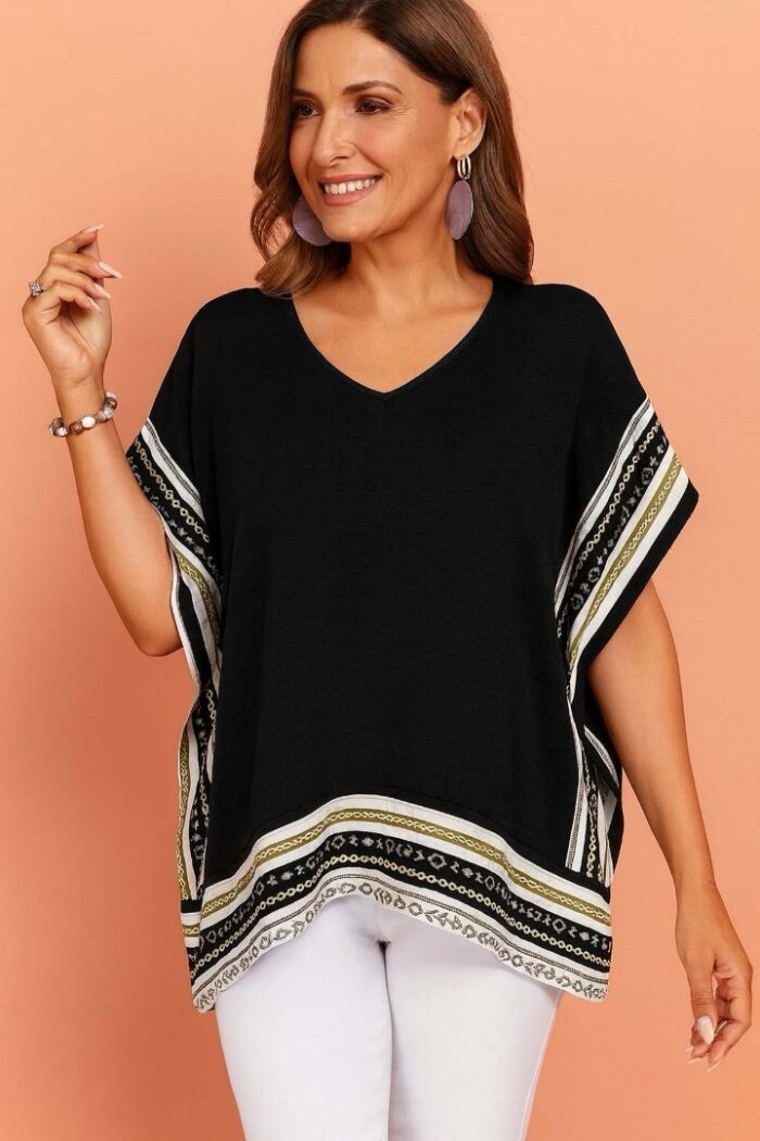 Camisa holgada cuello en V y diseño de malla Negro - Imagen 1