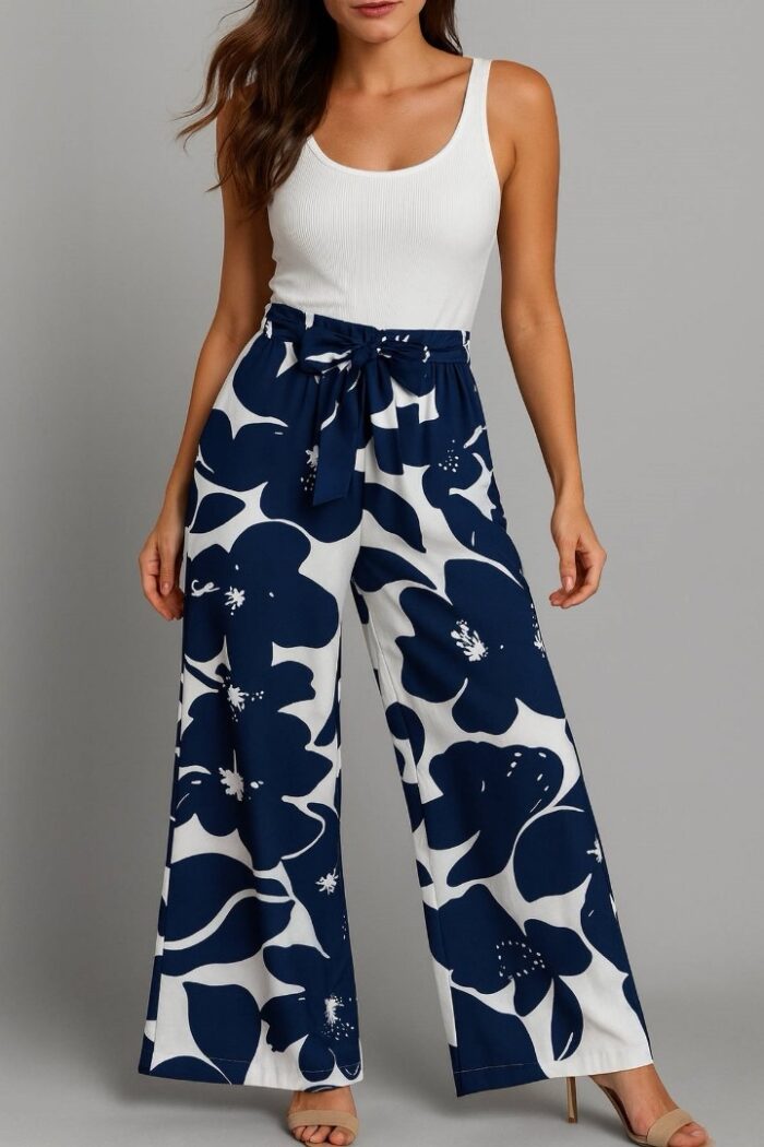 Pantalones lazo en la cintura estampado floral azul y blanco Multicolor - Imagen 1