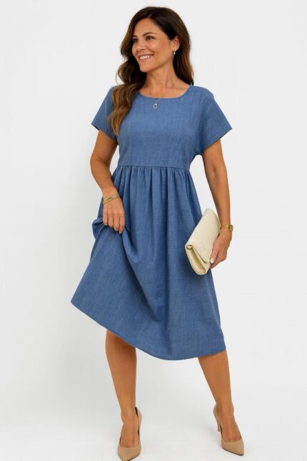 Vestido minimalista mangas tipo murciélago y dobladillo cuello redondo Azul