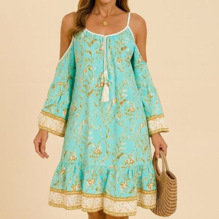Vestido de verano verde de hombros descubiertos